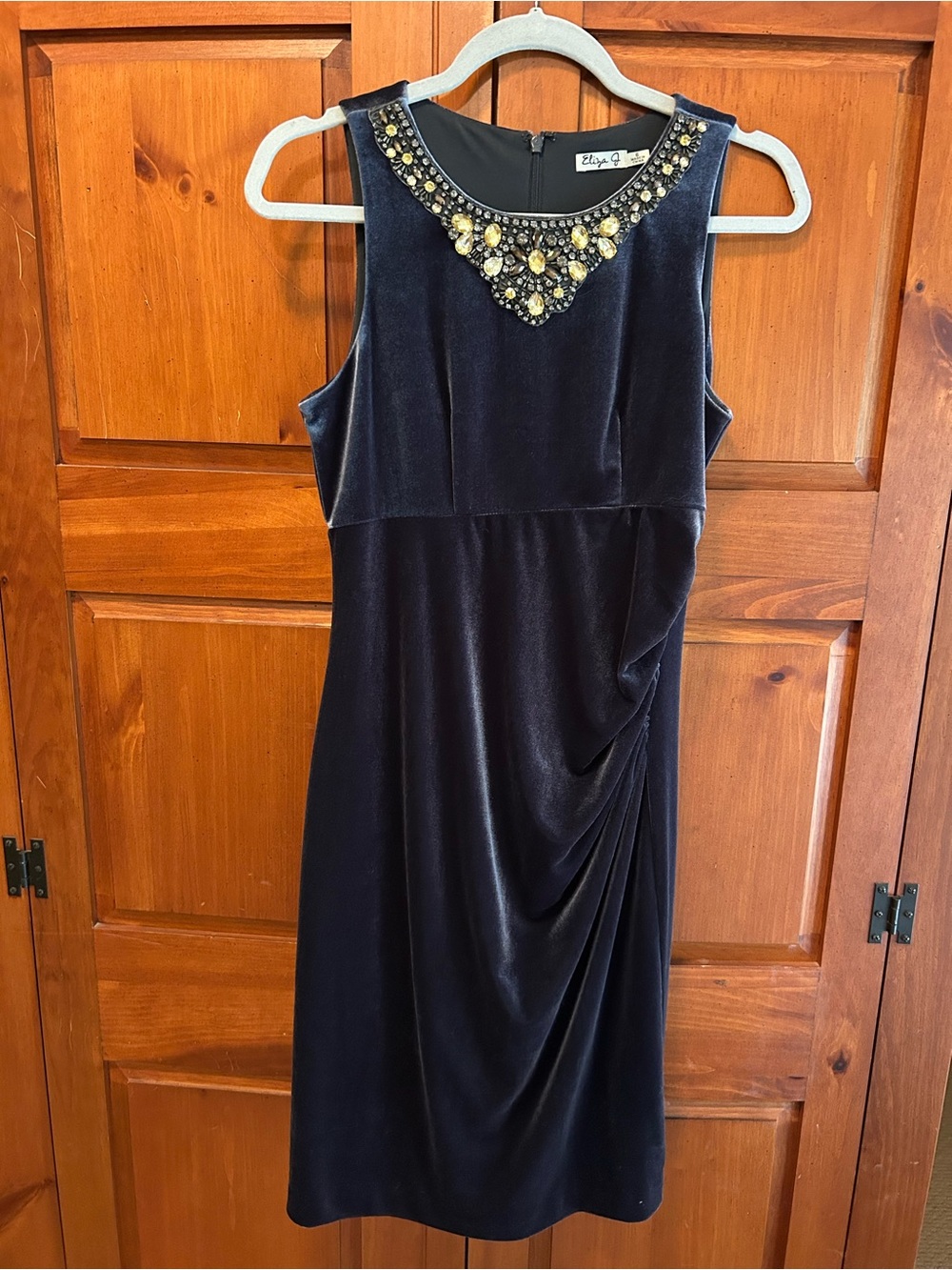 Beaded Neck Velvet Dress - Navy